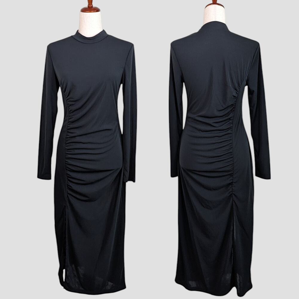 Future Collective Long Sleeve Mock Neck Ruched Black Midi Dress Women’s Medium